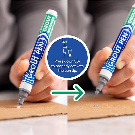 Grout Pen Grey Tile Grout Paint Marker - 2 Pack w/Extra Tips (7mL) | Waterproof Grout Refresh Restorer for Kitchen & Bathroom, Tile Grout Colorant and Sealer Pen - Narrow Tip 5mm - Grey