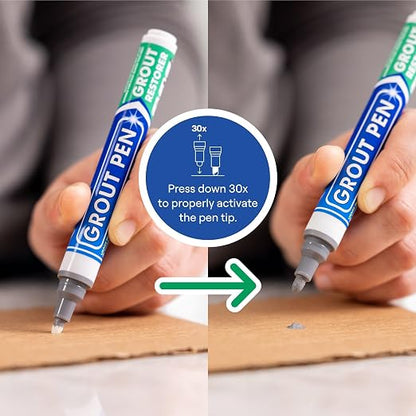 Grout Pen Grey Tile Grout Paint Marker - 2 Pack w/Extra Tips (7mL) | Waterproof Grout Refresh Restorer for Kitchen & Bathroom, Tile Grout Colorant and Sealer Pen - Narrow Tip 5mm - Grey