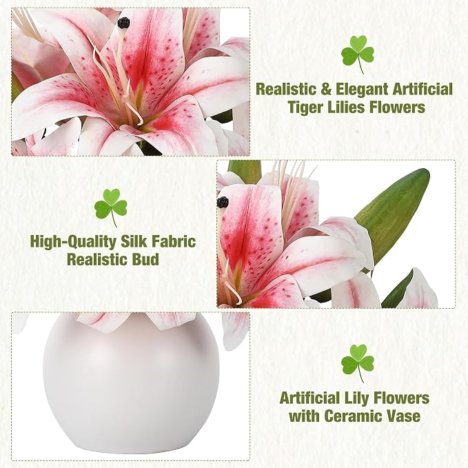 Artificial Lily Flowers with Ceramic Vase, Pink Silk Lily Flower Arrangement, Fake Flowers in Vase Centerpiece, Artificial Floral Arrangement for Table Decor, Shelf, Bathroom, Wedding, Home Decoration