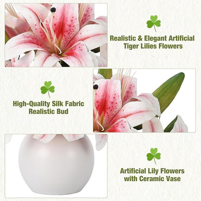 Artificial Lily Flowers with Ceramic Vase, Pink Silk Lily Flower Arrangement, Fake Flowers in Vase Centerpiece, Artificial Floral Arrangement for Table Decor, Shelf, Bathroom, Wedding, Home Decoration