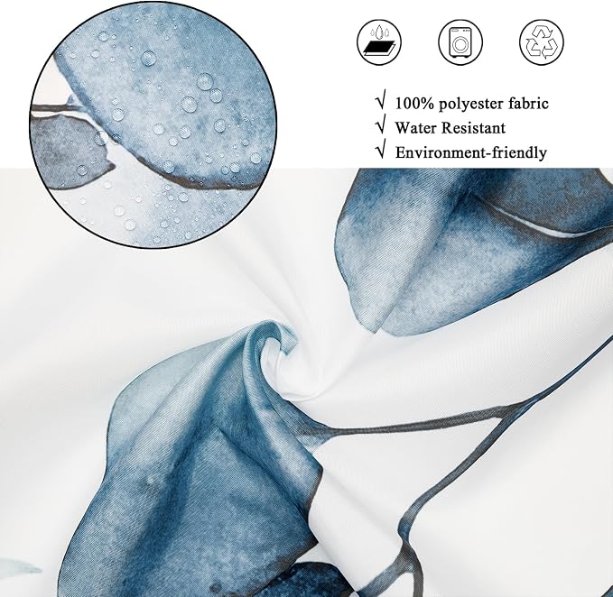 Blue Shower Curtain, Watercolor Eucalyptus Leaves Botanical Plants with Floral Bathroom Curtain Home Bathtub Decor Waterproof Fabric Machine Washable with 8 PCS Hooks,48" Wx72 L