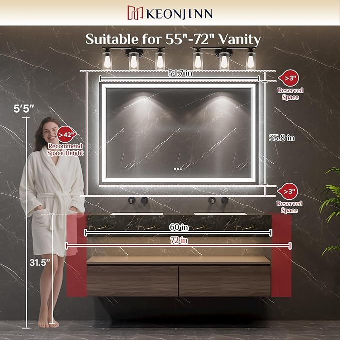Keonjinn 55 x 36 Inch LED Bathroom Mirror with Lights, Bluetooth Speaker | Frontlit & Backlit Bluetooth Mirror Bathroom, 3000K/4500K/6000K, HD Tempered Glass, Dimmable, Fast & Safe Defogging, CRI90+