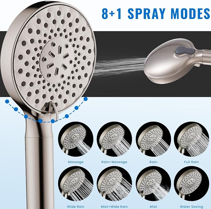 Filtered Shower Head with Handheld, High Pressure 9-Spray Modes Detachable Shower Head with Filter for Hard Water-Remove Chlorine & Impurities, 2 Filters, Brushed Nickel
