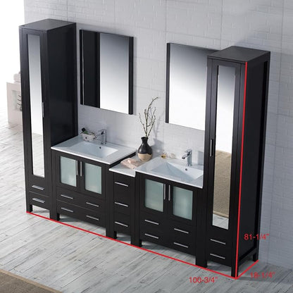 Blossom 102" Double Bathroom Vanity Set with 2 Linen Towers & Side Cabinet - Solid Wood Master Suite Furniture - Espresso Finish, Dual Ceramic Sinks, Soft-Close Storage - High-End Modular Collection