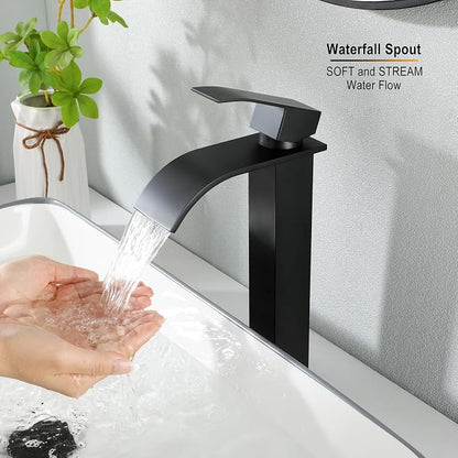 Waterfall Faucet for Bathroom Sink, JXMMP Black Bathroom Faucet Single Hole with Supply Hose and Pop Up Stopper, Single Handle Waterfall Bathroom Sink Faucet, Lavatory Faucet Bathroom, JXM1221BK