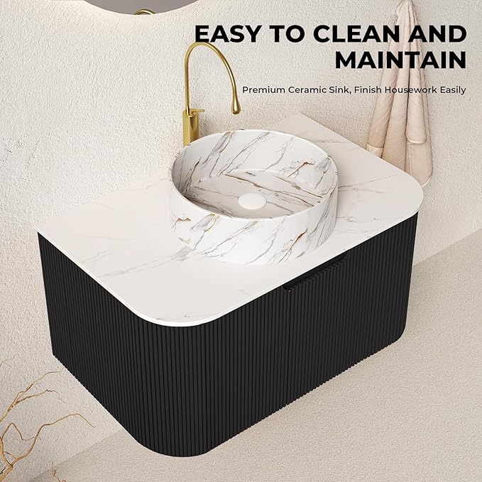 LKTART 30 Inch Floating Bathroom Vanity with Sink, Modern Wall Mounted Bathroom Storage Cabinet with Drawer, Stone Pattern Round White Ceramic Sink Top and Marble Texture Top, Black