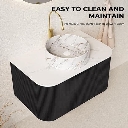LKTART 30 Inch Floating Bathroom Vanity with Sink, Modern Wall Mounted Bathroom Storage Cabinet with Drawer, Stone Pattern Round White Ceramic Sink Top and Marble Texture Top, Black