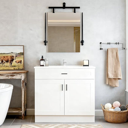 36 Inch Bathroom Vanity with Ceramic Sink, White Freestanding Double-Door Cabinet, Heavy-Duty & Easy-Clean