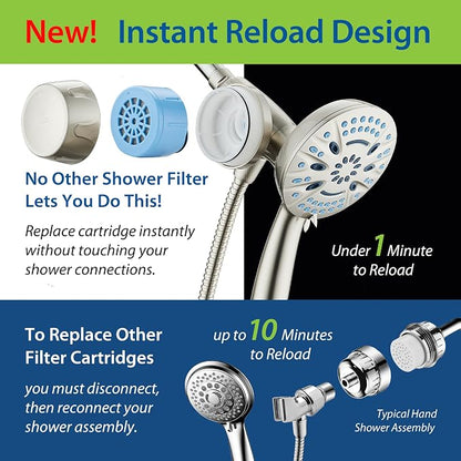 AquaCare Magneton 8-Mode High Pressure Handheld Shower Head w/Water Filter | Filters Chlorine & Toxins for Healthy Hair & Skin. Spaca-age Magnetic Docking, Hygienic Jets, Long 6 ft. Metal Hose / Nickel