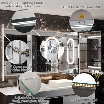 60"x36" Smart LED Medicine Cabinet with Mirror - Triple Door Bathroom Storage, Anti-Fog Technology, 3-Color Stepless Dimming, 5X Magnifier, Night Light, Soft-Close Hinges
