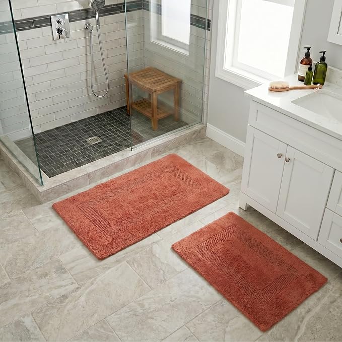 Bathroom Rugs - 2 - Piece Cotton Bathroom Mat Set - Machine Washable Bath Mats for Washroom, Kitchen, or Laundry Room by Lavish Home (Brick)