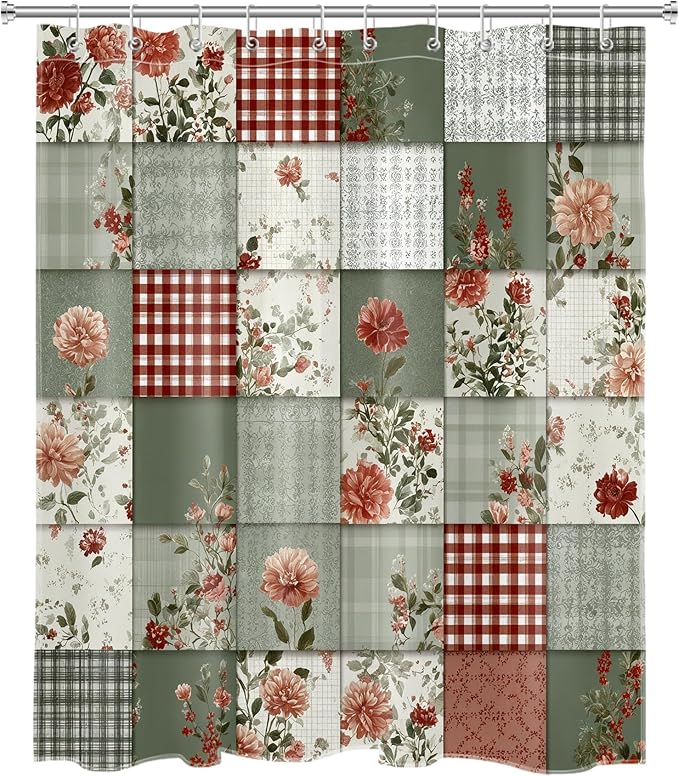 Vintage Boho Patchwork Shower Curtain with Pink Floral and Green Checkered Patterns Rustic Farmhouse Bathroom Decor, 60W X 72L Inch