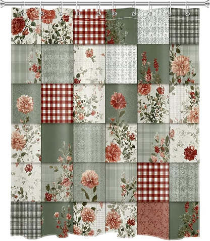 Vintage Boho Patchwork Shower Curtain with Pink Floral and Green Checkered Patterns Rustic Farmhouse Bathroom Decor, 60W X 72L Inch
