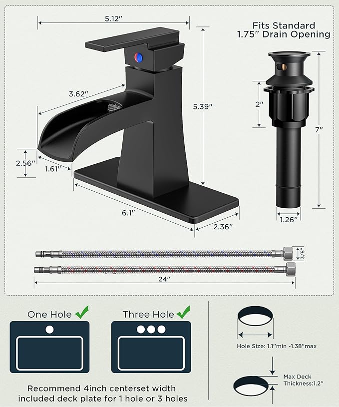 FORIOUS Matte Black Bathroom Faucet Waterfall, Bathroom Faucets for 1 or 3 Holes Sink with Single Handle for Commercial, Vanity, Lavatory, Restroom, Farmhouse