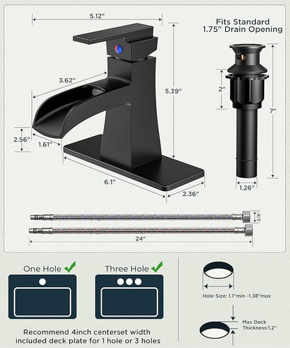 FORIOUS Matte Black Bathroom Faucet Waterfall, Bathroom Faucets for 1 or 3 Holes Sink with Single Handle for Commercial, Vanity, Lavatory, Restroom, Farmhouse