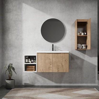 SSLine 42-Inch Single Bathroom Vanity Modern Wall Mounted Bathroom Vanity with Sink 42" Small Floating Bathroom Vanities Set with White Open Storage Shelf & 1 Side Cabinet,Brown White