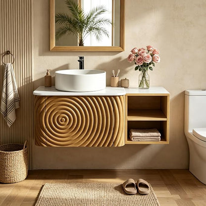 36" Floating Bathroom Vanity with Sink, Mid-Century Wall Mounted Bathroom Vanity Cabinet with Wood Waved Decor,Ceramic Vessel Basin and Sintered Stone Top, Soft Close Drawer, Side Open Cube