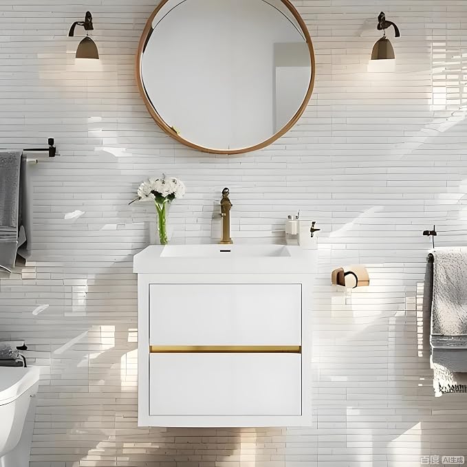 Modern 24" Wall-Mounted Bathroom Vanity with Sink | Floating Storage Cabinet, Stone Resin Countertop, Soft Close Drawers | Glossy White