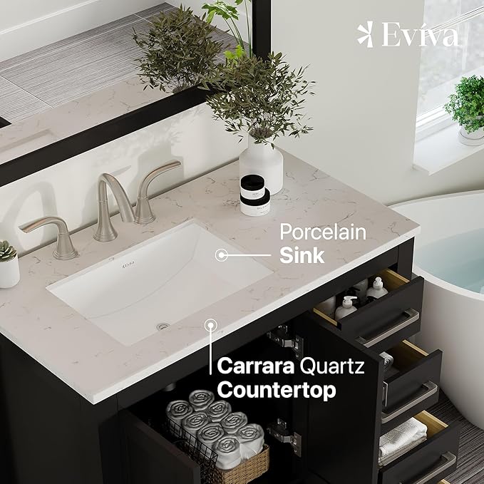 Eviva Aberdeen 36 inch Espresso Transitional Bathroom Vanity with White Carrara Quartz Countertop and Undermount Porcelain Sink