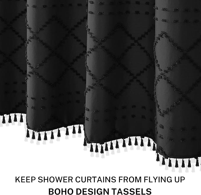 Extra Long Boho Black Shower Curtain with Tassels, 72 x 96, Tufted Chevron Striped Chenille Woven Fabric Cloth Shower Curtain Modern Farmhouse Minimalist, Shabby Chic Textured for Bathroom