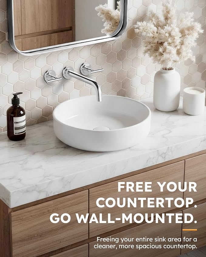 Wall Mount Bathroom Faucet - WOWOW Chrome Bathroom Sink Faucet - 2 Handle Wall Mount Vessel Sink Faucet 3 Holes Elegant Classic Spout Rough in Brass Valve Included