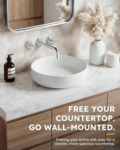 Wall Mount Bathroom Faucet - WOWOW Chrome Bathroom Sink Faucet - 2 Handle Wall Mount Vessel Sink Faucet 3 Holes Elegant Classic Spout Rough in Brass Valve Included