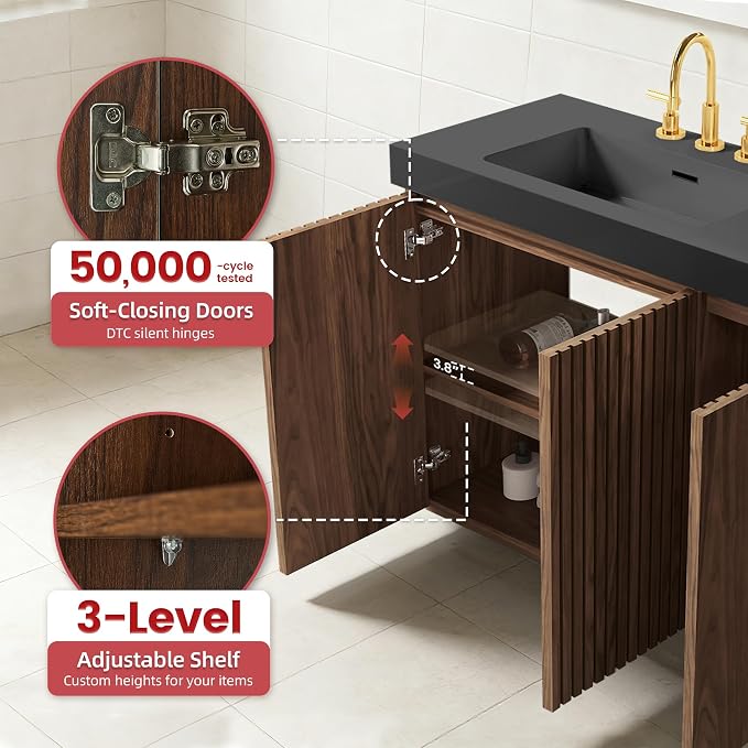 60 Inch Bathroom Vanity with Double Sink, Freestanding Double Sink Bathroom Vanity with Black Engineered Stone Top, Open Storage Cabinet & Adjustable Shelf, Walnut (3 Holes)