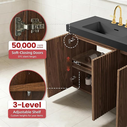 60 Inch Bathroom Vanity with Double Sink, Freestanding Double Sink Bathroom Vanity with Black Engineered Stone Top, Open Storage Cabinet & Adjustable Shelf, Walnut (3 Holes)