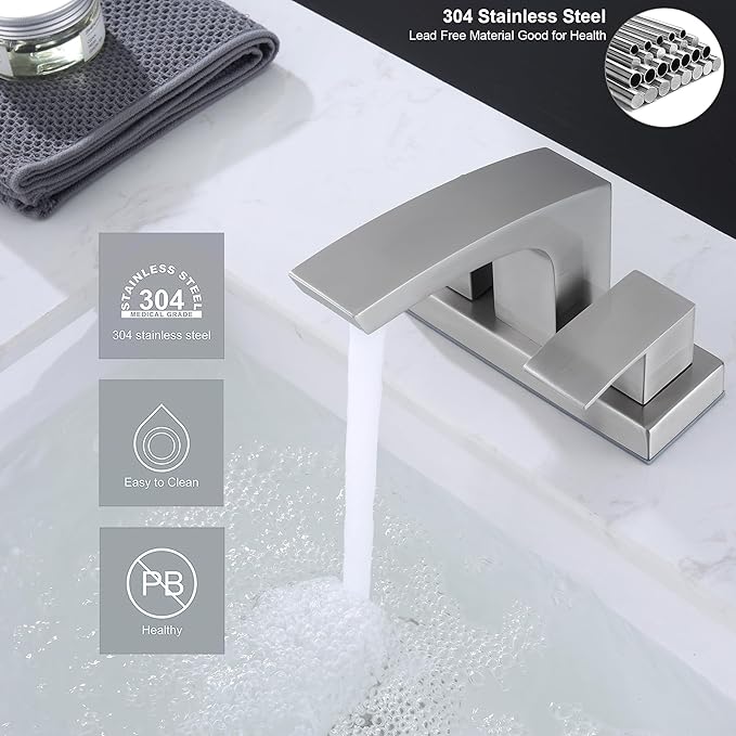 Brushed Nickel Bathroom Faucet, Stainless Steel Brush Nickel 2 Handle 4 inch Centerset Bathroom Sink Faucet 2 Hole with Pop Up Drain and cUPC Supply Hose, Satin Nickel Lavatory Faucet