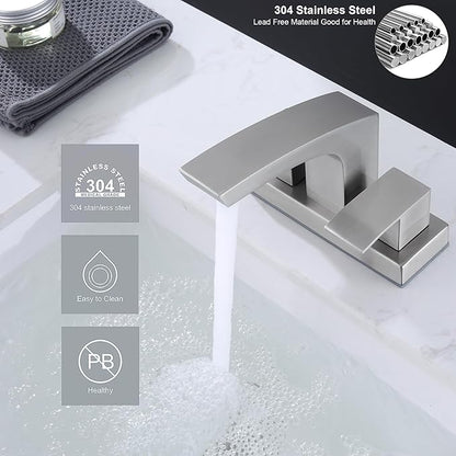 Brushed Nickel Bathroom Faucet, Stainless Steel Brush Nickel 2 Handle 4 inch Centerset Bathroom Sink Faucet 2 Hole with Pop Up Drain and cUPC Supply Hose, Satin Nickel Lavatory Faucet