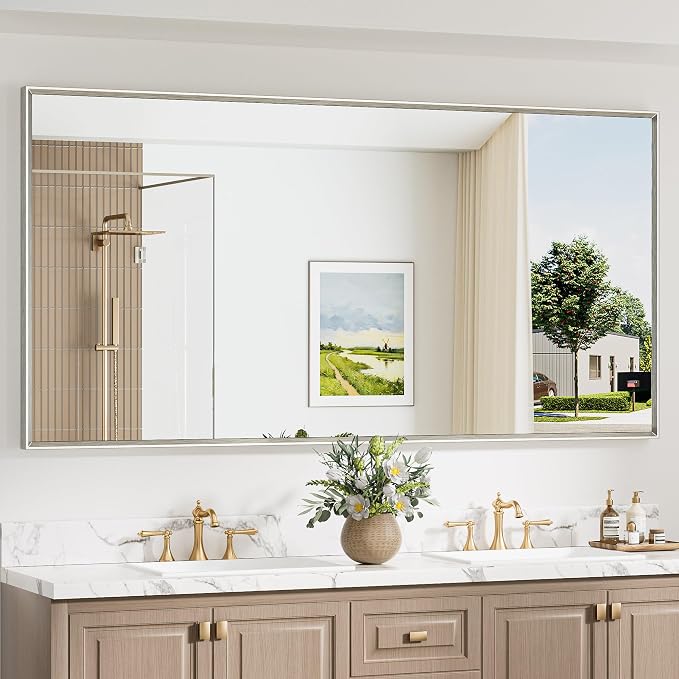 Keonjinn 72 x 36 Inch Brushed Nickel Oversize Bathroom Mirror for Over Sink | Metal Frame, Rectangular Mirror for Wall, Safety Tempered Glass, Square Corner, Ideal for Corridor or Living Room