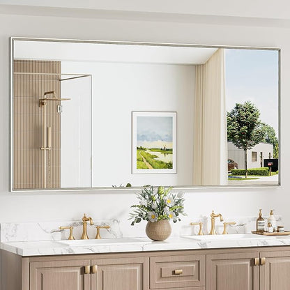 Keonjinn 72 x 36 Inch Brushed Nickel Oversize Bathroom Mirror for Over Sink | Metal Frame, Rectangular Mirror for Wall, Safety Tempered Glass, Square Corner, Ideal for Corridor or Living Room
