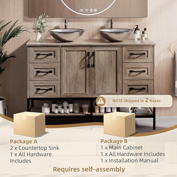 VNN 48 Inch Bathroom Vanity with Sink - Double Sink Bathroom Vanity, Freestanding Cabinet with Open Shelves and 6 Storage Drawers, Modern Iron Wood Cabinet with Countertop Tempered Glass Vessel, Grey