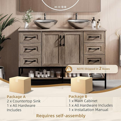 VNN 48 Inch Bathroom Vanity with Sink - Double Sink Bathroom Vanity, Freestanding Cabinet with Open Shelves and 6 Storage Drawers, Modern Iron Wood Cabinet with Countertop Tempered Glass Vessel, Grey