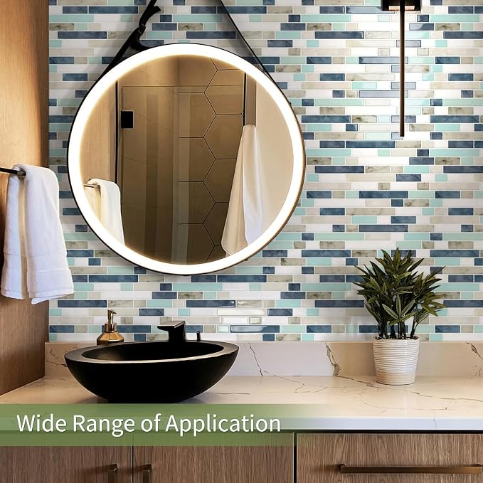 10 Sheets Thick Peel and Stick Kitchen Backsplash Tiles | 3D Waterproof Self Adhesive Wall Tile Stick on Backsplash for Kitchen,Bathroom and Fireplace(Mixed Blue,12"×12")