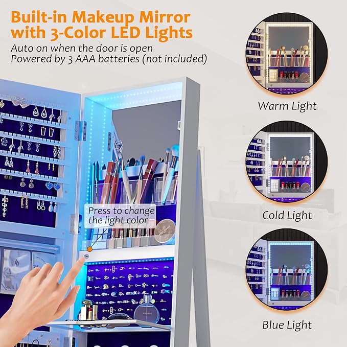 360° Swivel Jewelry Cabinet Organizer with Lights, Full Length Mirror with Jewelry Storage, Lockable Standing Jewelry Armoire Organizer, Mirror Jewelry Cabinet with Inside Makeup Mirror (White)