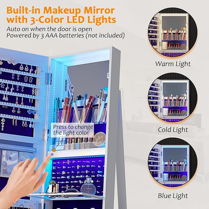 360° Swivel Jewelry Cabinet Organizer with Lights, Full Length Mirror with Jewelry Storage, Lockable Standing Jewelry Armoire Organizer, Mirror Jewelry Cabinet with Inside Makeup Mirror (White)