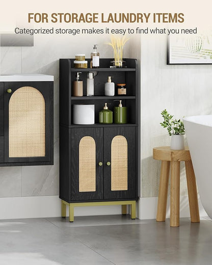 Hzuaneri Bathroom Storage Cabinet, Small Floor Cabinet with 2 Door | Toilet Paper Cabinets, Bathroom Organizer with Adjustable Shelf, for Small Spaces,Rattan Black,Arch Door,7.1" Dx14.6 Wx32.7 H