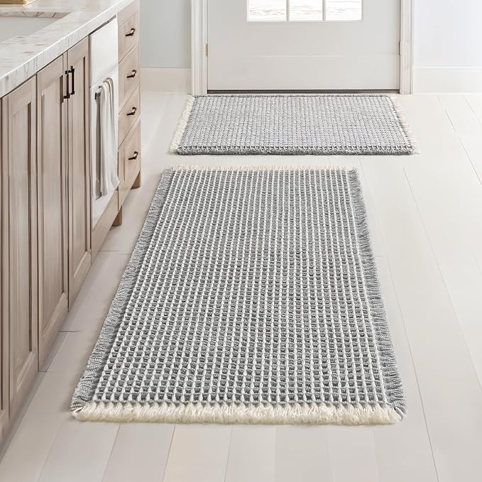 MIULEE Set of 2 Waffle Bathroom Rugs LightGrey&Cream 17"x24"+20"x32" | Non Slip, Super Absorbent, Washable, Ultra Soft, Rubber Backed Bath Rugs for Bathroom Floor Tub Shower, Boho Decor