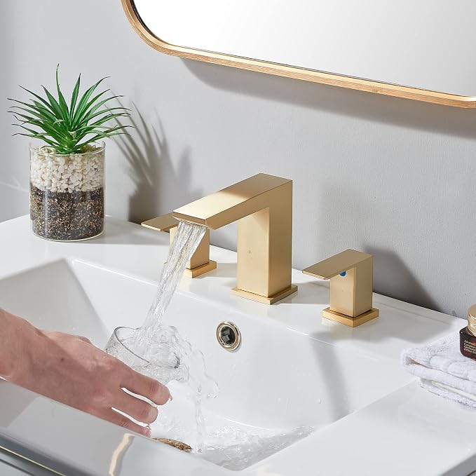 Brushed Gold Bathroom Sink Faucet, 3 Hole Waterfall Bathroom Faucet, 2 Handle Vanity Bath Faucets, Modern Bathroom Faucet with Supply Hoses and Drain, HT-BF301