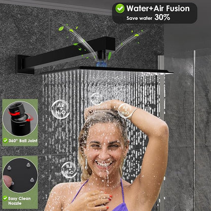 Enga Dual Shower Head System with Body Jets, 12"+ 6" Wall Mounted Dual Rain Shower Faucet with Valve Kit, Matte Black