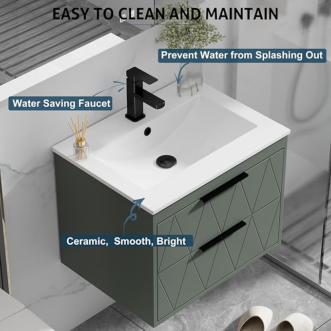 eclife 24" Bathroom Vanities Cabinet with Sink Combo, Wall Mounted Floating Cabinet W/Decor Line, Soft-Close System, 2 Extra Big Drawers, Matte Black Faucet, Gray Green