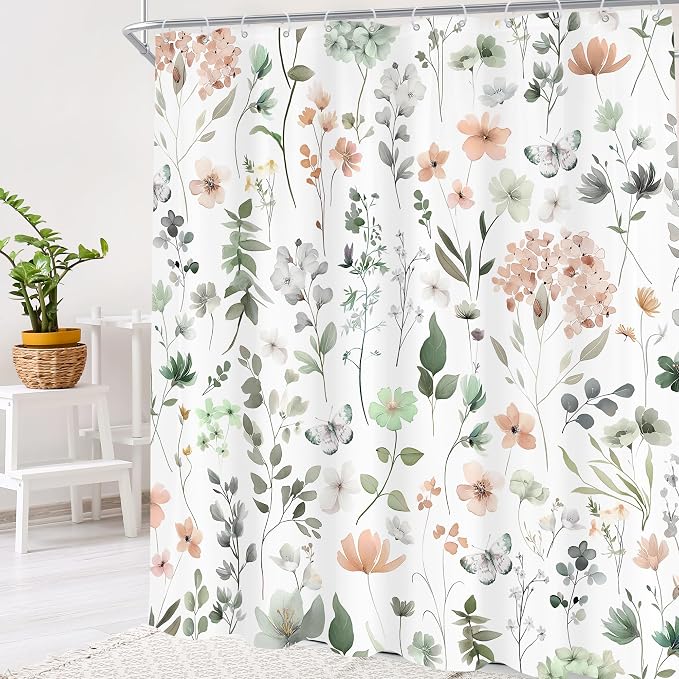 Extra Long Green Pink Floral Cute Wildflower Bathroom Shower Curtain Set | 72"W x 84"H Watercolor Boho; waterproof HD print, quick-dry fabric and plastic hooks for easy setup.