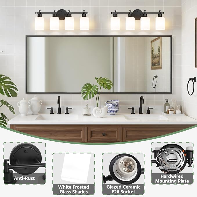 4 Light Bathroom Vanity Light Fixture, 23'' Black Vanity Light over Mirror | Modern Wall Sconce with White Glass Shades, Anti-Rust Vanity Light Fixture over Mirror, 23 Inch (Bulbs Not Included, E26)