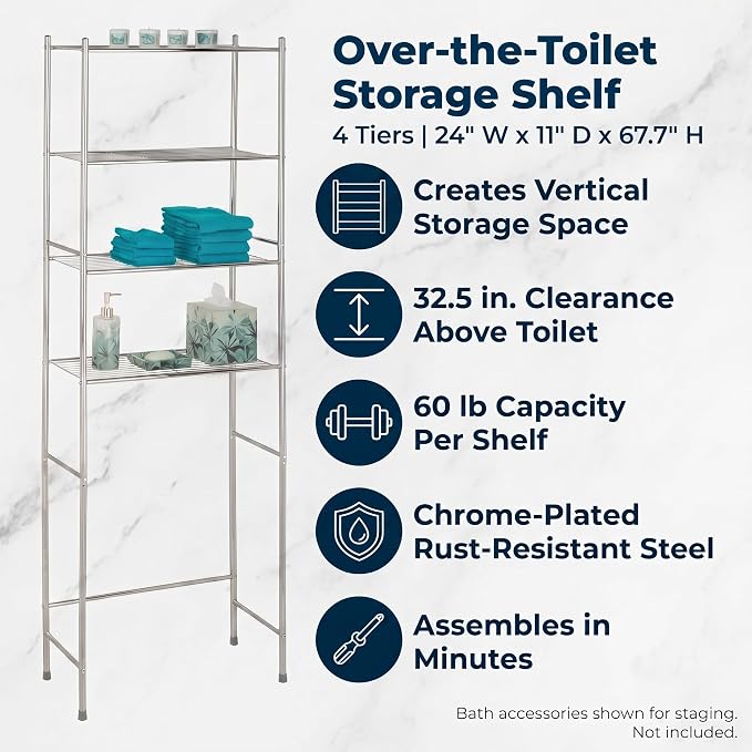 Honey-Can-Do 4-Tier Steel Over-the-Toilet Storage Shelf, Chrome | 4-tier steel shelf frees floor space over the toilet. 10.5in shelf gap for towels & toiletries. Chrome, 68in tall.