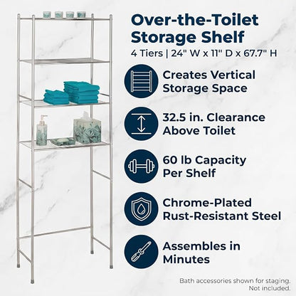 Honey-Can-Do 4-Tier Steel Over-the-Toilet Storage Shelf, Chrome | 4-tier steel shelf frees floor space over the toilet. 10.5in shelf gap for towels & toiletries. Chrome, 68in tall.