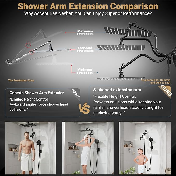 Filtered Shower Head with Handheld, 11.8" Rain Shower Head, High Pressure | 10-Function Spray Options, Adjustable Extension Arm, Secure Adhesive Holder, Easy Installation, Stainless Steel-Black Finish