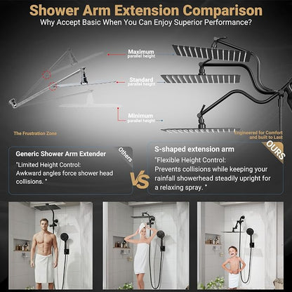 Filtered Shower Head with Handheld, 11.8" Rain Shower Head, High Pressure | 10-Function Spray Options, Adjustable Extension Arm, Secure Adhesive Holder, Easy Installation, Stainless Steel-Black Finish