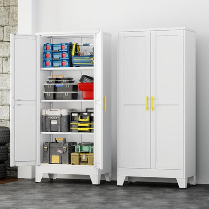 61" White Metal Storage Cabinet with 2 Doors and 3 Adjustable Shelves,Steel Garage Tool Cabinet, File Cabinet,Kitchen Pantry Cabinet for Home,Office,Garage,School,Warehouse