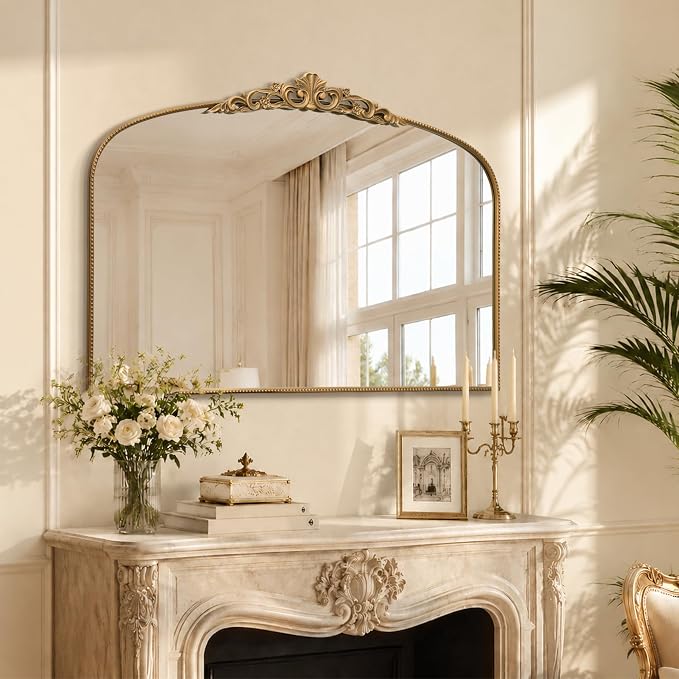 Micasso Oversized Gold Arched Mirror: 55"x36" Baroque Vintage Wall Mirror | French Antique Traditional Ornate Decorative for Entryway/Bedroom/Bathroom/Hallway/Fireplace - Home Decor for Living Room